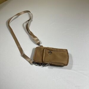 Nylon Crossbody Bag Tan Small Phone Pouch Adjustable Strap Heart Zipper Pull